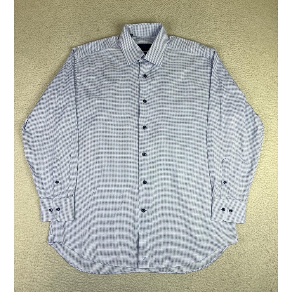 David Donahue Dress Shirt Mens 16.5 32/33 Blue Check Regular Fit Cotton LS